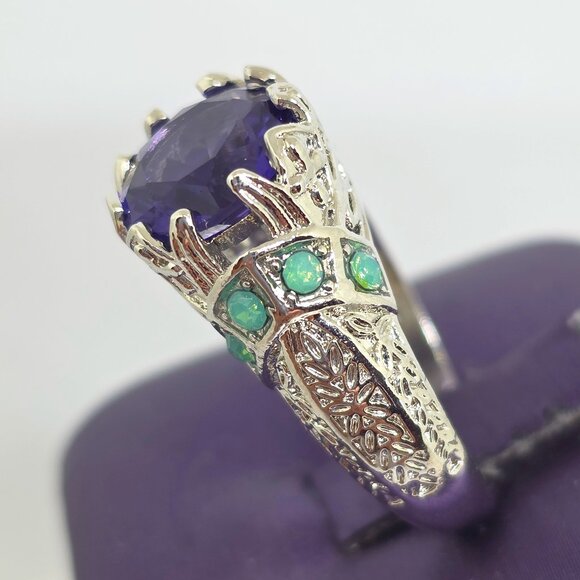 Faux Purple Amethyst Green Opal Filigree Silver Cocktail Ring Marked 925 SZ 7.25 - Picture 6 of 13
